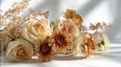 Elegant Floral Still Life: Cream Roses and Dried Flowers with Soft Sunlight on White Surface