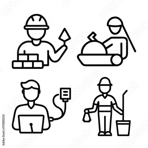 Four stylized line art icons depict construction workers, a builder, an office worker, and a cleaner, showcasing various professions and tasks.