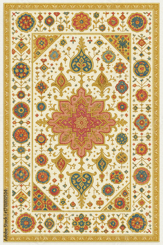 Moroccan Folk art inspired Carpet with modern Pattern in high definition isolated on white canvas with trending colors
