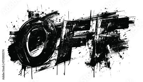 Off grunge black paint typography design with bold brush strokes, abstract splatter, and modern urban artistic style on white background.