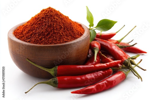 Wooden bowl filled with red chili powder, surrounded by fresh chili peppers