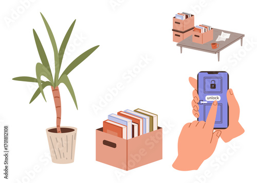 Digital device unlocking screen, table with documents and boxes, cardboard box with books, potted plant. Ideal for productivity, workspace, organization, technology, minimalism decluttering focus
