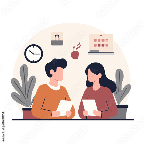 Team meeting with two colleagues discussing documents, flat office scene with plants, clock and calendar icons, calm neutral palette, concept of collaboration, workflow alignment,project communication