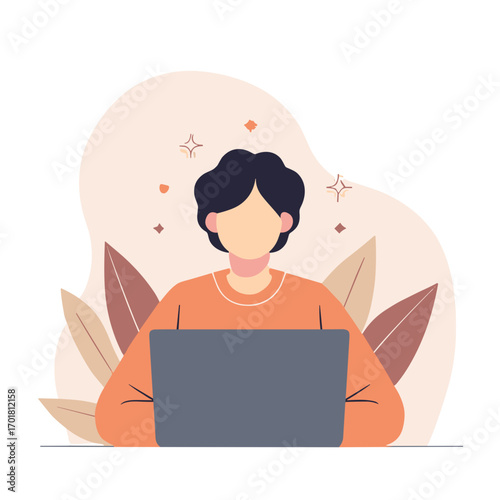 Remote worker focused at laptop in minimal flat style with soft warm palette and abstract leaves, calm productive mood, concept of freelancer workflow, online study, digital tasks, creative concent