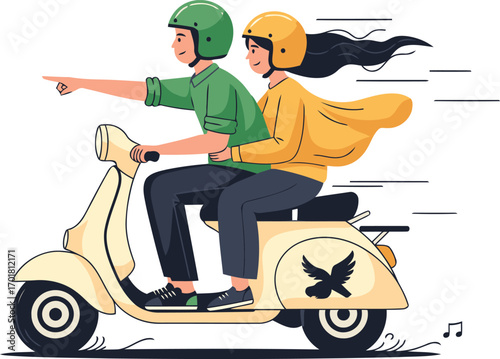 Couple riding a vintage scooter with helmets explore the city and share an exciting adventure