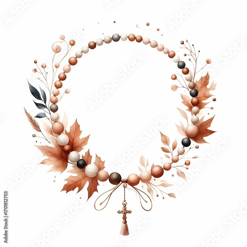 Watercolor autumn wreath with rosary beads and cross for religious design needs