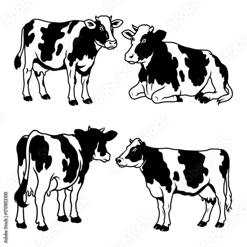 Black and White Cow Vector Illustration Set