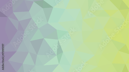 Geometric Gradient of Triangular Facets Evolving from Serene Purples to Muted Greens and Soft Yellows in a Low Poly Design