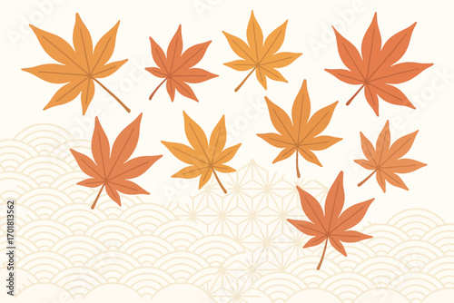 Japanese Autumn Maple Leaves with Traditional Wagara Background Vector Illustration