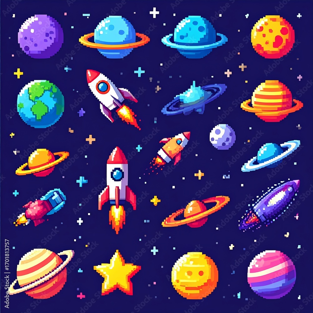 Fototapeta premium Pixel art space scene with planets, rockets, and stars