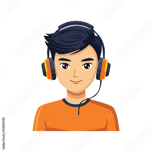 Male Gamer with Headset in Orange Shirt - AI Generated