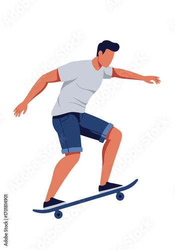 Person skateboarding in summer attire against a white backdrop suitable for active lifestyle, sports, summer, and urban concepts.