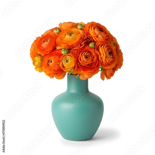 bouquet of orange flowers in sky blue vase
