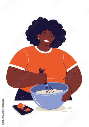 Woman smiles and whisks batter in bowl, wearing orange shirt. Perfect for cooking blogs, recipes, culinary websites, or foodrelated designs.