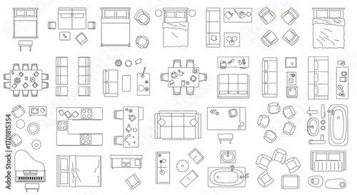 Top View Furniture Icons Collection Interior Design Elements for Architects Designers