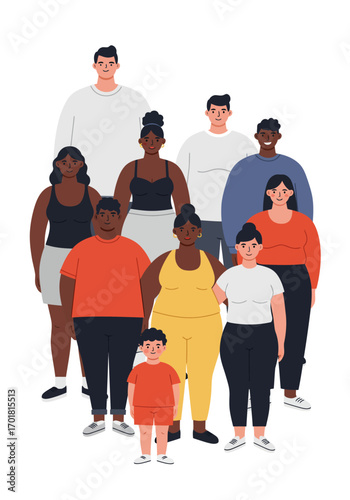 Group of diverse cartoon people standing together, suitable for social inclusion, unity, teamwork, diversity, and friendship concepts in designs.