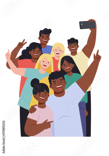Group of diverse young people happily taking a selfie suitable for social media, diversity, friendship, and technology concepts.