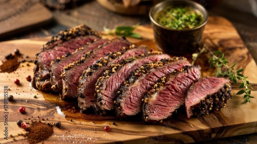 Coffee rubbed steak sliced medium rare with peppercorn crust and herb chimichurri sauce on rustic wooden cutting board for gourmet dining presentation