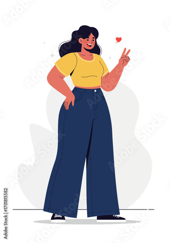 Portrait of a stylish woman showing a peace sign. Ideal for lifestyle blogs, fashion websites, social media posts, and wellness content.