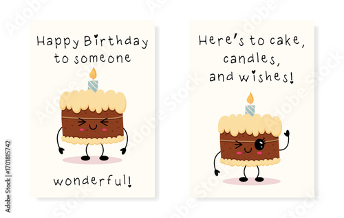 Cute birthday cake cartoon greeting card set