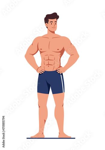 Muscular man in blue shorts, white background. Fitness, exercise, health, sports, gym, strength, athletic, workout concept designs.