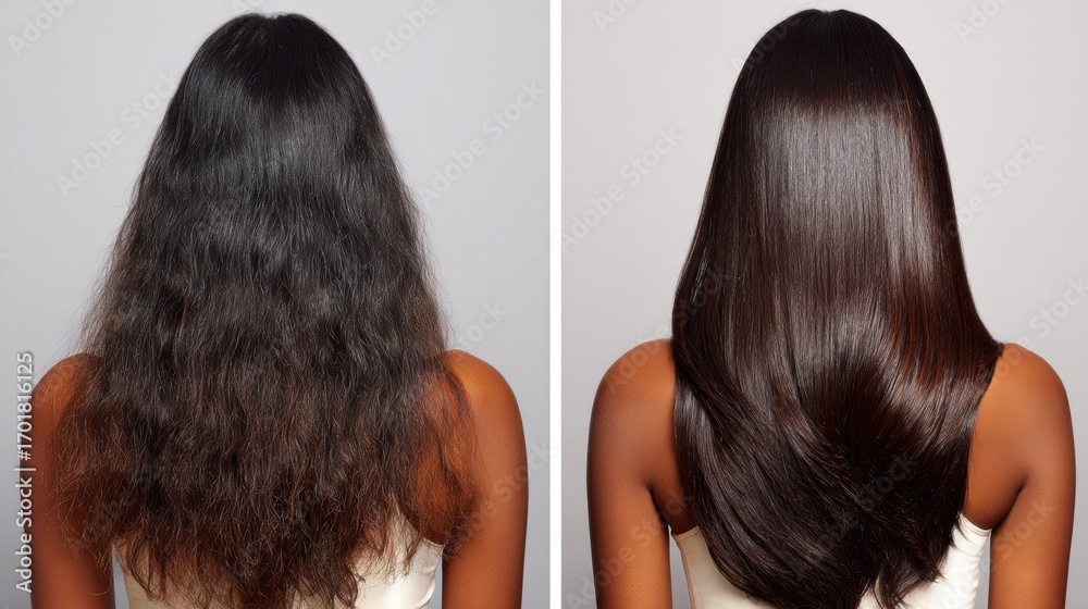 Fototapeta premium Before and after hair smoothing treatment on woman with long frizzy hair