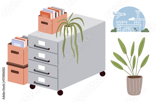 File cabinet with stacked storage boxes and books, leafy houseplants nearby, airplane and airport illustration. Ideal for workspaces, organization, planning, travel, efficiency, minimalism simple