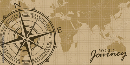 Vintage Compass with old world map Illustration . Wind Rose. . World nautical vintage star for mariners latitude and longitude navigation measurement equipment. Concept on the topic of sea voyages