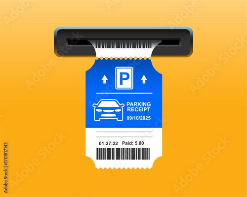 Parking ticket for car. Paper receipt in pay machine on exit. terminal before barrier, for payment of bill or tax. Icon of invoice for park zone. Vector.
