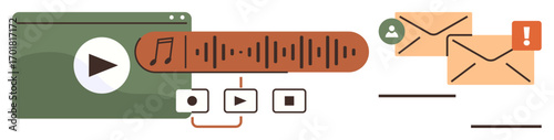 Media player interface with controls, soundwave visualization, and email notifications. Ideal for communication, productivity, media, technology, workflow, multitasking simple flat metaphor