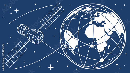Detailed illustration of satellite orbiting Earth, showcasing global connectivity and communication space. design emphasizes technology