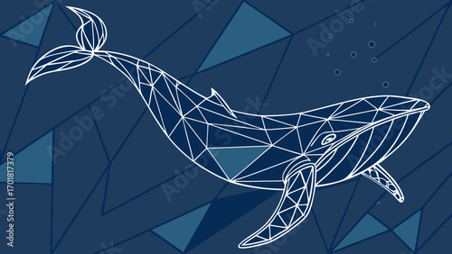 Abstract blue whale design in polygon style, showcasing underwater elements with calming blue background