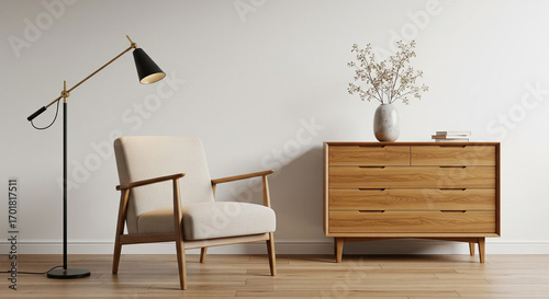 Mid Century Modern Living Room Interior Design Armchair Floor Lamp and Wooden Chest of Drawers
