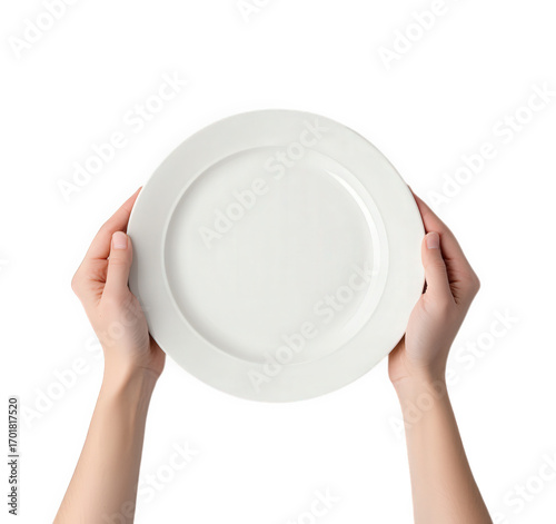 Hands holding a white ceramic plate isolated on transparent background
