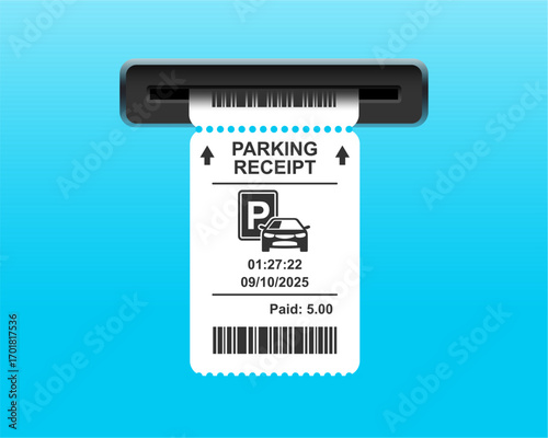 Parking ticket for car. Paper receipt in pay machine on exit. terminal before barrier, for payment of bill or tax. Icon of invoice for park zone. Vector.
