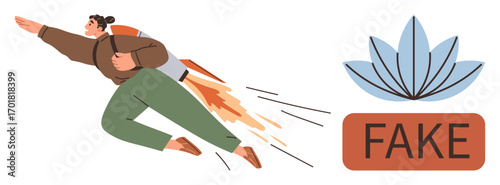 Individual using a jetpack in dynamic motion paired with a lotus emblem labeled FAKE. Ideal for innovation, ambition, fake identity, branding, speed, creativity, symbolism, simple flat metaphor