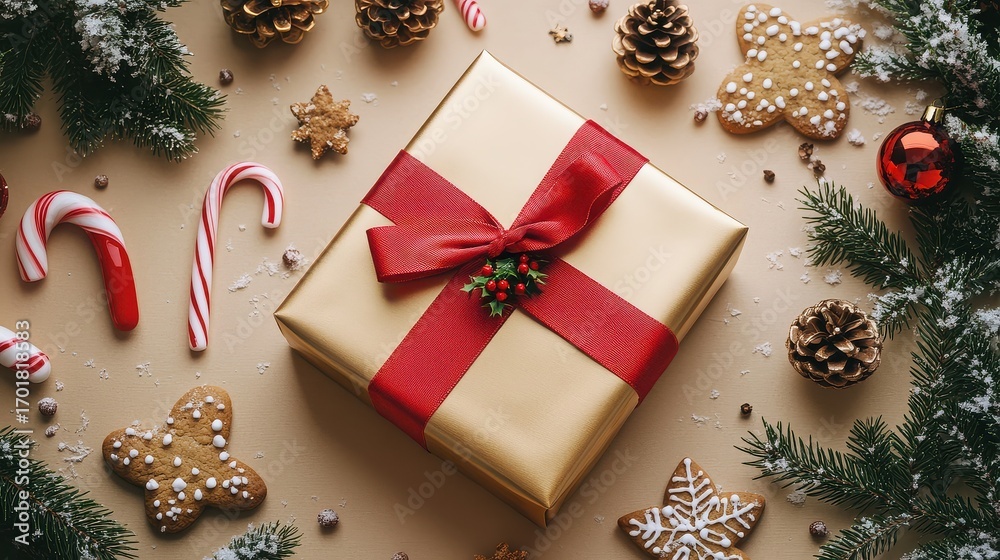 Fototapeta premium Festive christmas gift box with decorations on beige background viewed from above