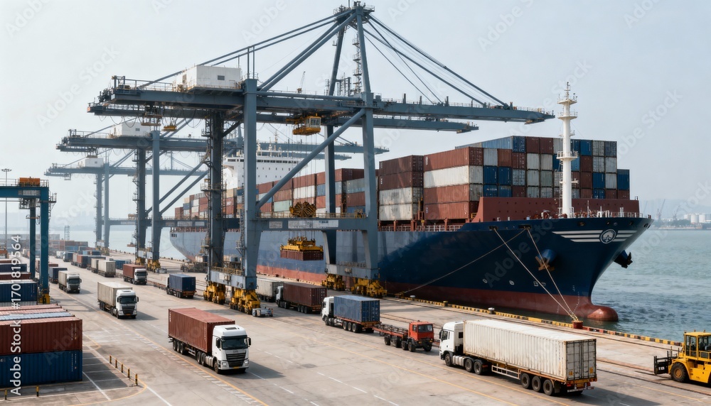 Naklejka premium Cargo Ship Docked at Port with Trucks Awaiting Loading, Depicting Global Trade and Logistics