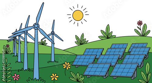 Sustainable Energy Landscape Featuring Wind Turbines and Solar Panels, Promoting Renewable Resources and Environmental Awareness for Educational Materials and Green Initiatives