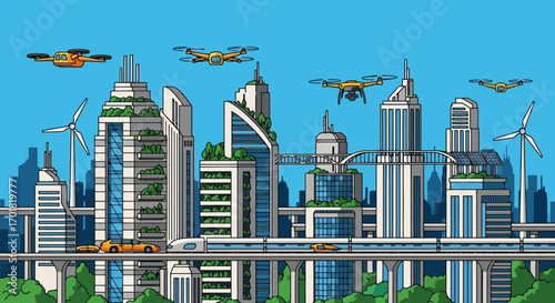 Futuristic Green Cityscape With Drones And Sustainable Architecture Showcasing Urban Innovation And Environmental Consciousness For Sustainable Design, Future Planning, And Eco-Friendly Development
