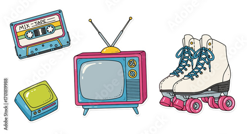 Nostalgic 80s Retro Collection: Cartoon Illustration of Cassette Tape, Television, and Roller Skates For Design Projects, Advertising, and Vintage-Themed Events