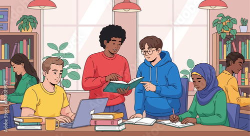 Diverse Students Collaborating in a Library Setting, Illustrating Teamwork and Education for Academic Achievement and Social Inclusion in Higher Education