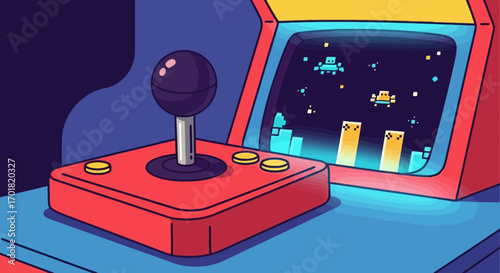 Nostalgic Arcade Game Illustration Depicting Retro Gaming Culture And Classic Entertainment For Vintage-Themed Designs, Website Backgrounds, And Social Media Content