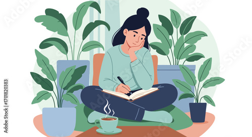 Serene Writer's Retreat: Woman Engaged In Creative Writing Surrounded By Lush Greenery, Ideal for Illustrating Mental Wellness, Creative Pursuits, and Relaxing Hobby Concepts