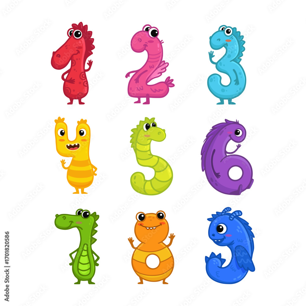 Naklejka premium big set of funny cartoon monster digits from 1 to 9 in flat style. Good for lettering or font design, headers, t-shirts, kids illustration. Vector illustration. 