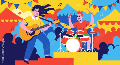 Vibrant Musical Performance at a Lively Outdoor Festival Featuring a Guitarist and Drummer, Suitable for Event Promotions, Music Education Materials, and Community Engagement Campaigns