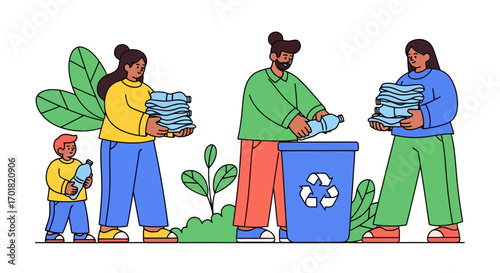 Family Participating In Recycling Activity With Blue Bin And Green Plants Illustration For Environmental Awareness Campaigns and Educational Materials
