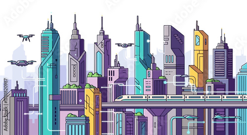 Futuristic Cityscape With Flying Drones And Elevated Train: Ideal For Illustrating Urban Development, Technological Advancement, And Modern Urban Planning Concepts In Graphic Design Projects.