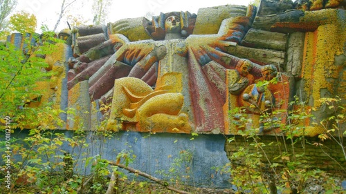 An evocative view of the Stvorennia Creation mosaic, a striking example of Soviet era art, located on Lenin Avenue in the abandoned city of Pripyat, Ukraine.