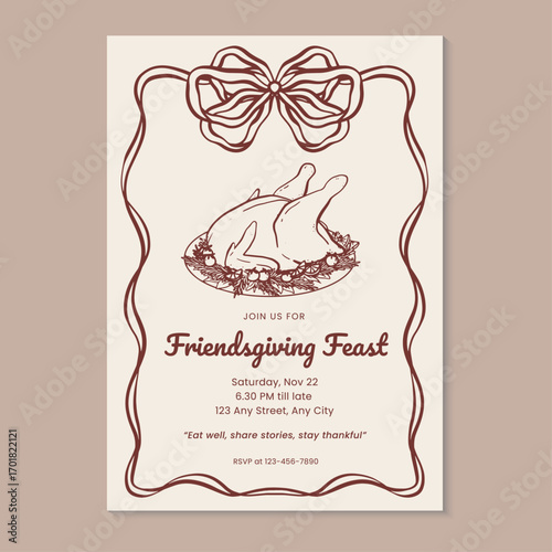 Friendsgiving feast invitation template with hand-drawn turkey and ribbon frame. Vector illustration hand drawn thanksgiving dinner invitation template.
